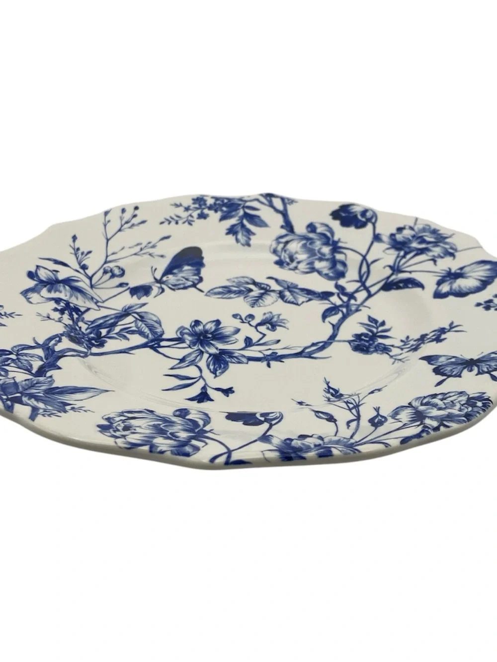Set of 6 Blue White Butterfly Floral 8.5” Scalloped Porcelain Plates Boho Garden